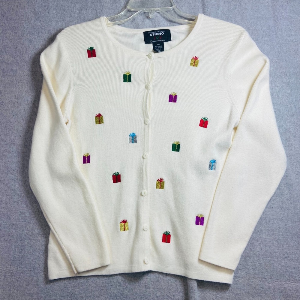 VTG Designers Originals Studio Joy Petite‎ Medium Christmas Cardigan Embroidered